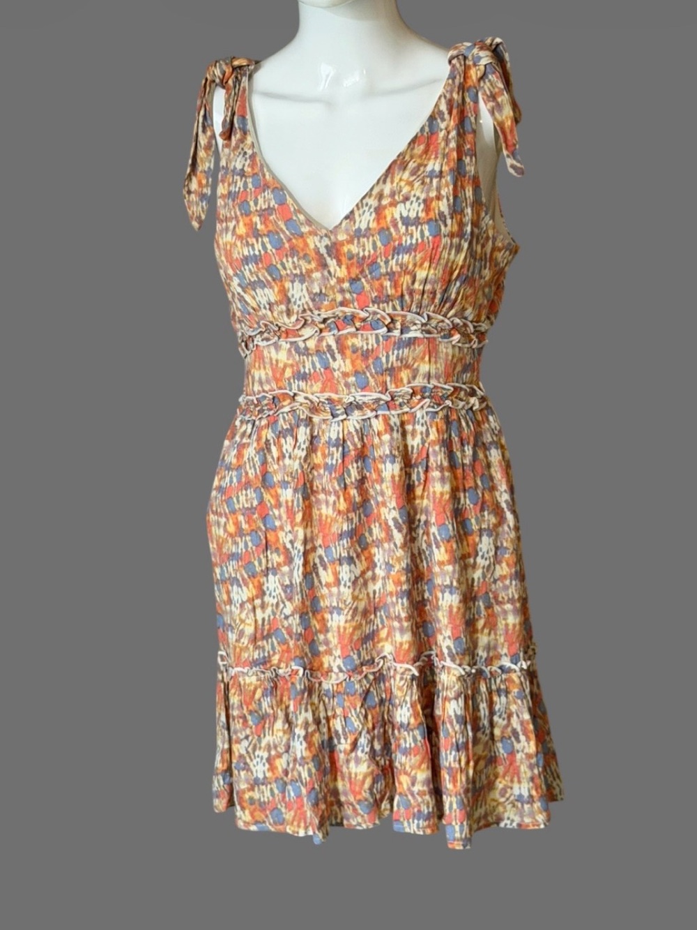 Gypsies & Moondust Tie-Shoulder Mini Dress in Orange, Blue & Cream